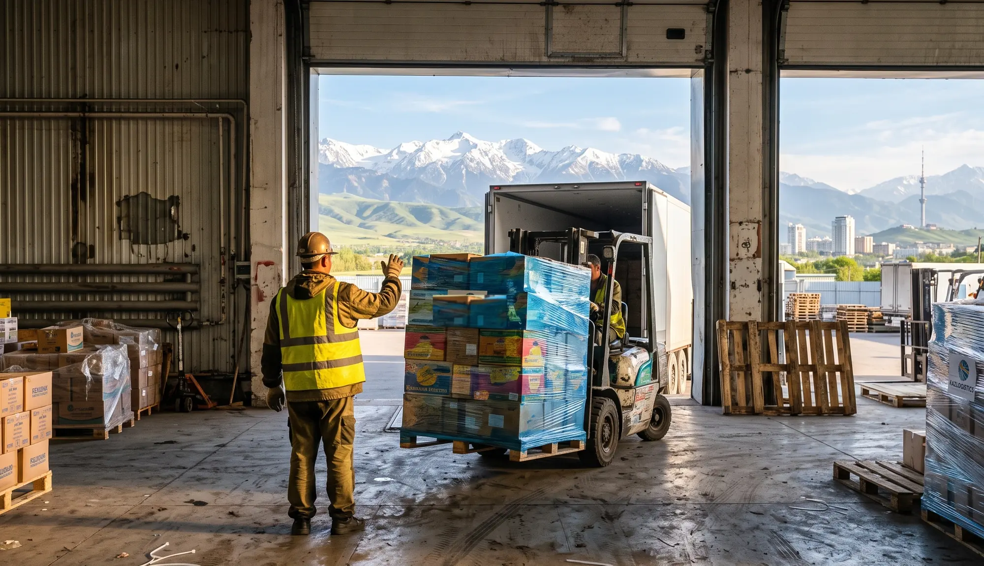 Погрузка паллет на складе BB Logistics в Алматы